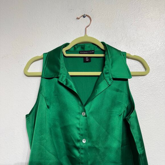 Sincerely Jules Green Satin Button Down Sleeveless Blouse Sz M - Picture 3 of 11